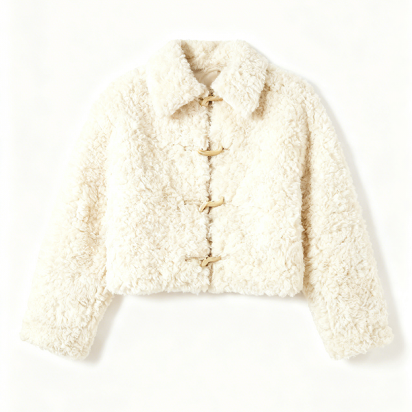 Cream Faux Fur Toggle-Closure Crop Jacket
