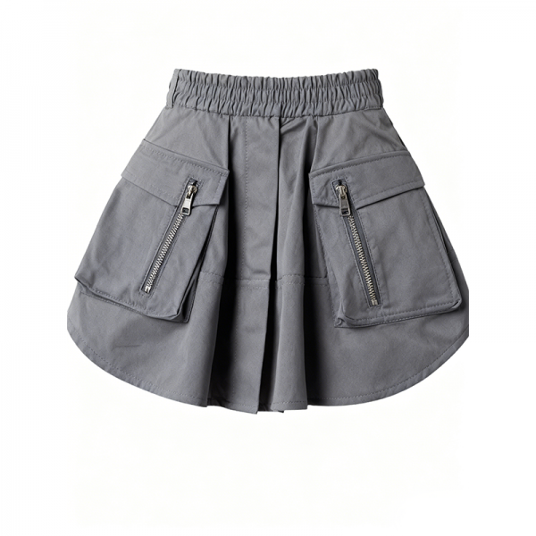 Gray Elastic-Waist Zip-Pocket Utility Mini Skirt