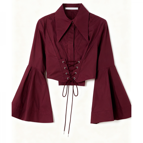 Burgundy Bell-Sleeve Lace-Up Crop Blouse