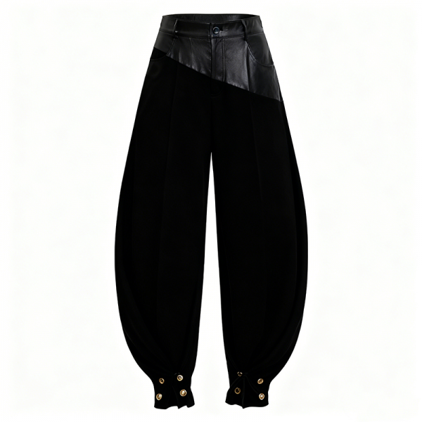 Black Velvet & Leather-Paneled Button-Cuff Pants