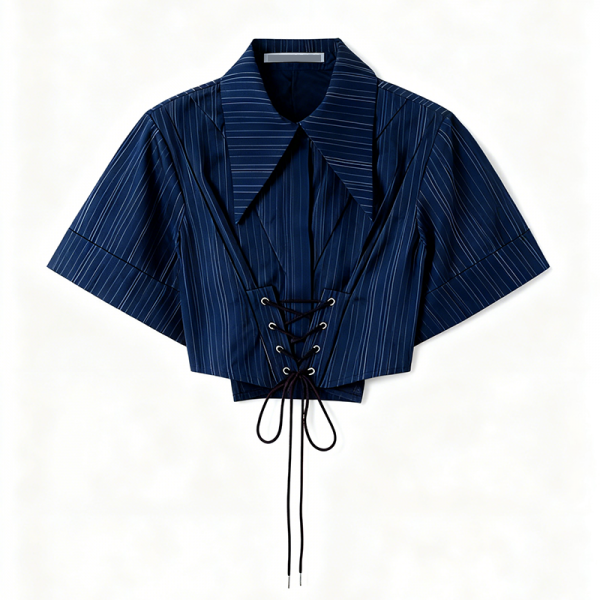 Navy Pinstripe Lace-Up Crop Blouse