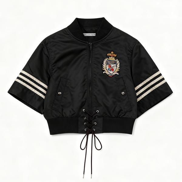 Black Emblem Lace-Up Crop Bomber Jacket
