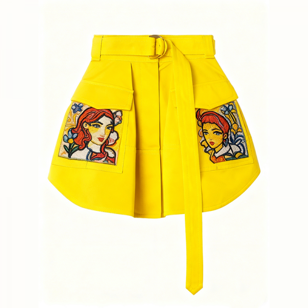 Yellow Portrait-Embroidered Utility Mini Skirt