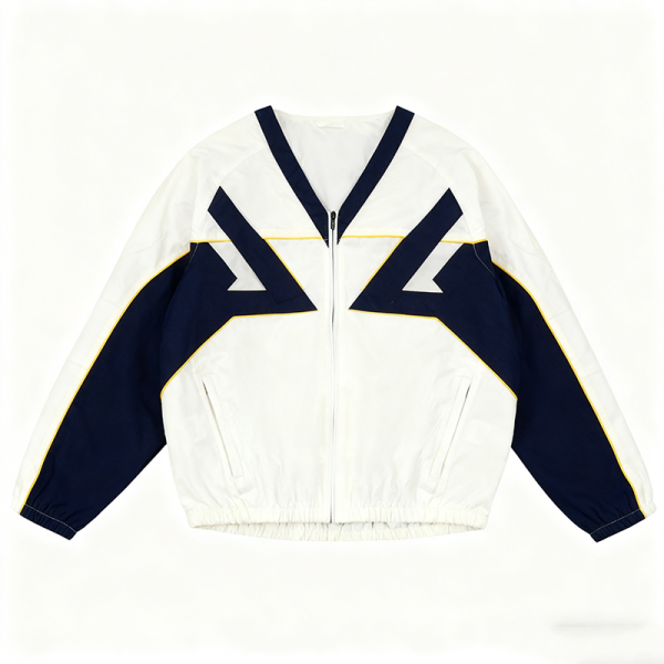 Cream & Navy Geometric V-Neck Track Jacket