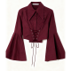 Burgundy Bell-Sleeve Lace-Up Crop Blouse