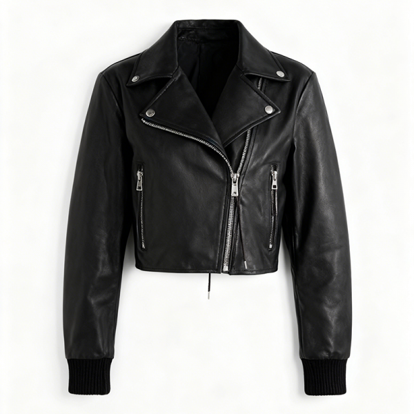 Black Cropped Leather Moto Jacket