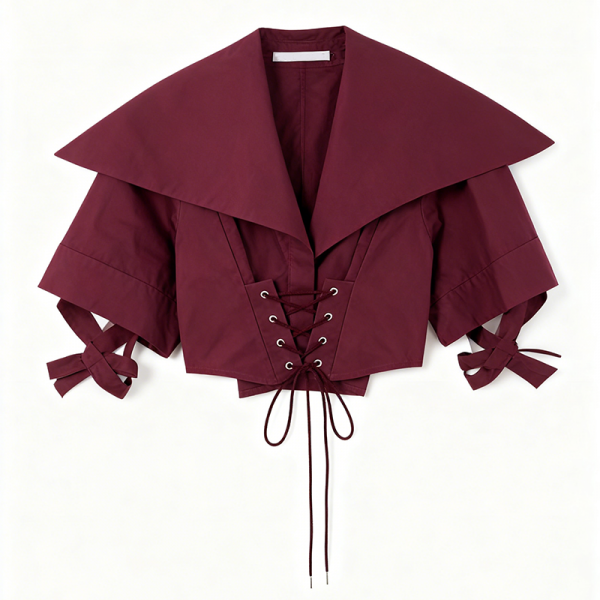 Burgundy Oversized Collar Lace-Up Crop Top
